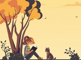 Fashionable Young Girl Character Reading A Book With Cute Cat Under The Tree On Yellow Background And Copy Space. vector