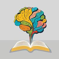 Vector Illustration of Open Book With Growing Brain On Gray Background.