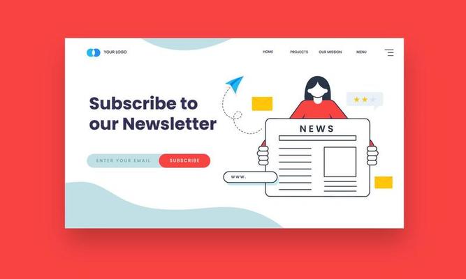 Subscribe To Our Newsletter Hero Image With Faceless Young Girl Showing Newspaper.