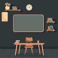 Study Room or Classroom Necessary Furnishing As Table, Chair, Empty Board, Wall Clock, Bookshelves, Flowers Pot In Interior View. vector