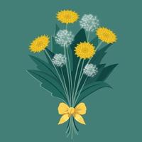 Bunch of Dandelion Floral Tied With Yellow Bow Ribbon On Teal Green Background. vector