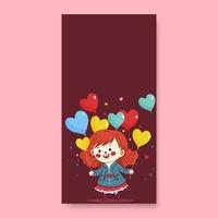 Cheerful Cute Girl Standing With Colorful Heart Shape Balloons On Dark Red Background And Copy Space. vector