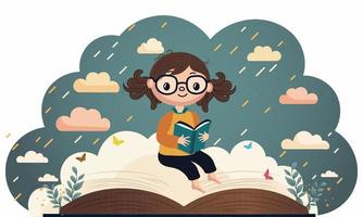 linda niña personaje sentado a abierto libro con mariposas, hojas en lluvia nubes antecedentes. vector