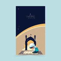 Ramadán kareem vertical bandera diseño con musulmán chico ofrecimiento namaz en estera en frente de mezquita. vector