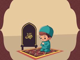 Arabic Calligraphy of Ramadan Kareem Inside Islamic Arch With Muslim Boy Character Offering Prayer On Mat Against Islamic Vintage Door. vector