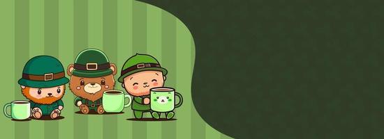 Funny Leprechaun Man With Teddy Bear, Cute Boy Characters Enjoying Drinks Together On Green Background And Copy Space. St. Patrick's Day Banner Design. vector