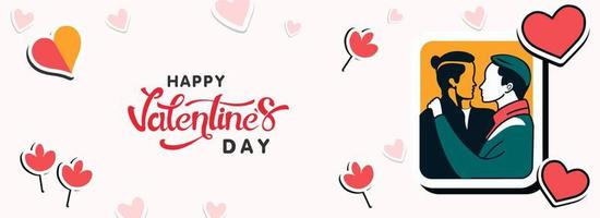 Happy Valentine's Day Banner With Romantic Gay Couple Characters. vector