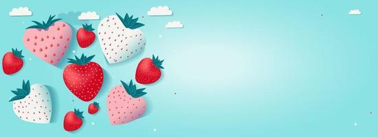 White And Red Paper Cut Strawberries And Clouds On Turquoise Background And Copy Space. vector