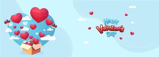 Happy Valentine's Day Banner or Header Design With Red Hearts Coming Out of Cardboard Box, Flying Birds And Clouds On Sky Blue Background. vector