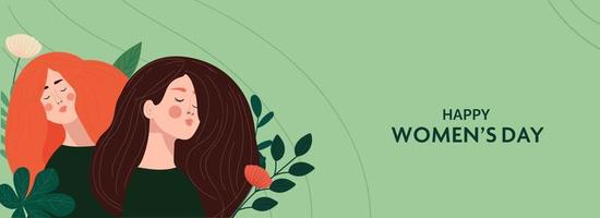 Happy Women's Day Banner Design With Young Girls Character Closing Her Eyes On Floral Green Background. vector