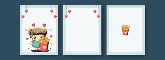 Love Greeting Card Templates Layout, Cute Girl Character With French Fries Box, Red Hearts And Space For Text. vector