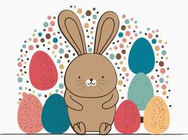 Illustration Of Cute Bunny Or Rabbit Character Sitting Against Colorful Egg Pattern Background. Happy Easter Day Concept. vector