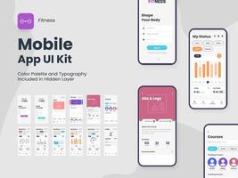 Fitness Mobile App UI Kit Including Account Sign In, Sign Up, Workout And Statistics Features Screen For Responsive Website Wireframe. vector