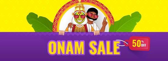 Yellow and Purple Header or Banner Design with Cheerful Kathakali Dancer, South Indian Man, Banana Leaves, Discount Tag for Onam Sale. vector