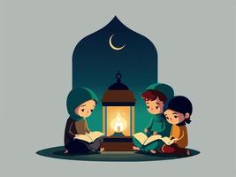 musulmán niños leyendo Corán libro juntos con iluminado Arábica lámpara en noche. islámico festival concepto. vector