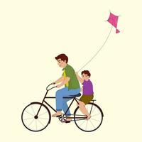 Young Man And Boy Riding Bicycle Together With Flying A Kite On Pastel Yellow Background. vector