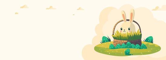 Cute Bunny Character Inside Grass Basket With Eggs Against Background And Copy Space. Happy Easter Day Concept. vector