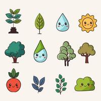 Eco Friendly Elements Like As Trees And Water Drops, Sun, Mandarin On Beige Background. vector