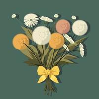 Dandelion Bouquet Tied With Yellow Bow Ribbon On Green Background. vector