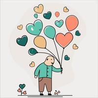 Funny Man Character Holding Colorful Heart Shape Balloons. Love or Valentine Concept. vector