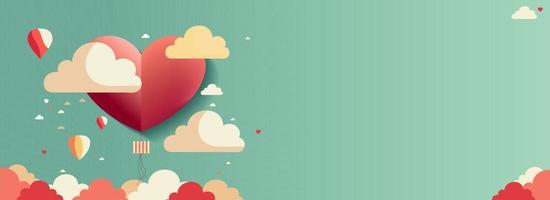 Love Or Valentine Concept With Heart Shape Balloon, Clouds On Pastel Green Background. vector