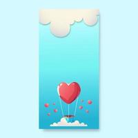 Illustration Of Red Heart Shape Balloons With Clouds On Turquoise Background. Love Or Valentine Concept. vector