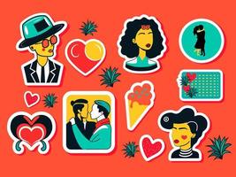 Sticker Style Valentine's Day Element Set On Orange Background. vector