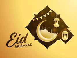 Islamic festival Eid-Al-Fitr Mubarak Concept with hanging golden arabic lanterns, crescent moon, and mosque on golden and brown color background. vector