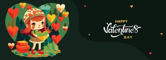 Happy Valentine's Day Concept With Cute Girl Character Standing Near Boxes, Heart Shapes Decorated On Green Background And Nature View. vector