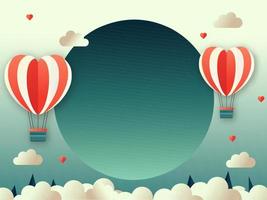 Illustration Of Heart Shape Balloons With Round Frame On Clouds, Conical Trees Background. Love Or Valentine's Day Concept. vector