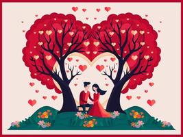 romántico Pareja sentado debajo el corazones arboles con naturaleza vista. contento San Valentín día concepto. vector