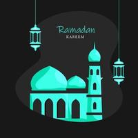 Islamic Holy Month of Ramadan Kareem with Mosque and Hanging Lanterns on Grey Background. vector