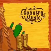 Country Music Poster Design With Guitar, Cowboy Boots, Cactus Plant On Burnt Umber And Yellow Brush Wooden Texture Background. vector