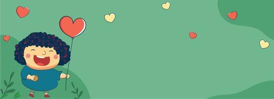 Cheerful Girl Standing With Heart Shape Balloons On Pastel Green Clouds Background And Copy Space. vector