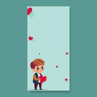 Cute Young Boy Holding Red Heart On Light Turquoise Background And Copy Space. vector