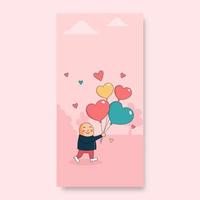 Walking Cute Boy With Heart Shapes Balloons On Pastel Pink Nature Landscape Background And Copy Space.  Love Or Valentine Concept. vector