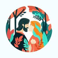 Romantic Young Couple Character Kissing On Nature Background. Valentine's Day Concept. vector