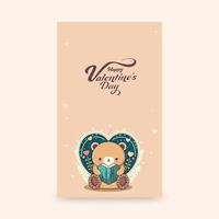 Happy Valentine's Day Vertical Banner With Cute Teddy Bear Reading A Book, Heart Shape On Peach Background. vector