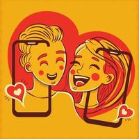 Funny Young Couple Video Chat Via Smartphone Application For Online Dating Concept. vector