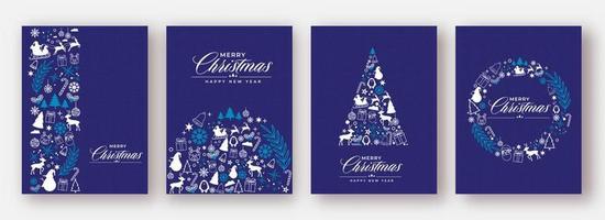 Merry Christmas Happy New Year Greeting Card Or Template Design Set In Blue Color With Xmas Festival Elements. vector