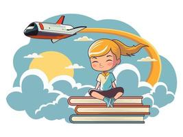 Cute Girl Character Sitting On Book Stack Against Airplane Flying In The Sky Background. vector