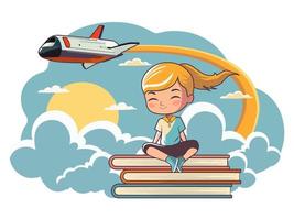 linda niña personaje sentado en libro apilar en contra avión volador en el cielo antecedentes. vector