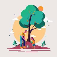 Young Man And His Daughter Character Gardening Together On Sunny Nature Background. vector