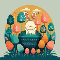 linda Conejo personaje con césped cesta en naturaleza antecedentes para contento Pascua de Resurrección día concepto. vector