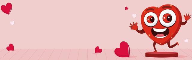 Excited Heart Mascot On Podium With Tiny Red Hearts On Pink Plank Texture Background And Copy Space. vector