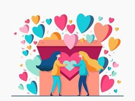 Vector Illustration Of Cartoon Young Girls Holding Heart And Colorful Hearts Coming Out From A Box. Love Concept.