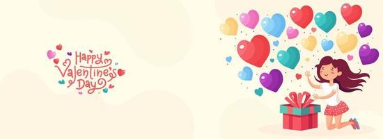 Happy Valentine's Day Concept With Cute Girl Character, Gift Box And Colorful Heart Shapes Decorated Background. vector