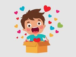 Funny Boy Character Coming Out From Cardboard Box And Colorful Heart Shapes On Gray Background. vector