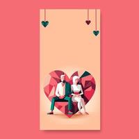 Young Couple Character In Sitting Pose And Polygon Hearts On Peach Background With Copy Space. Happy Valentine's Day Concept. vector