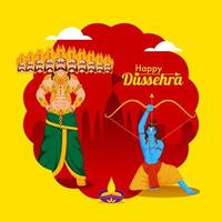 Illustration of Demon Ravana with Lord Rama Holding Bow Arrow and Lit Oil Lamp on Red and Yellow Background for Happy Dussehra. vector